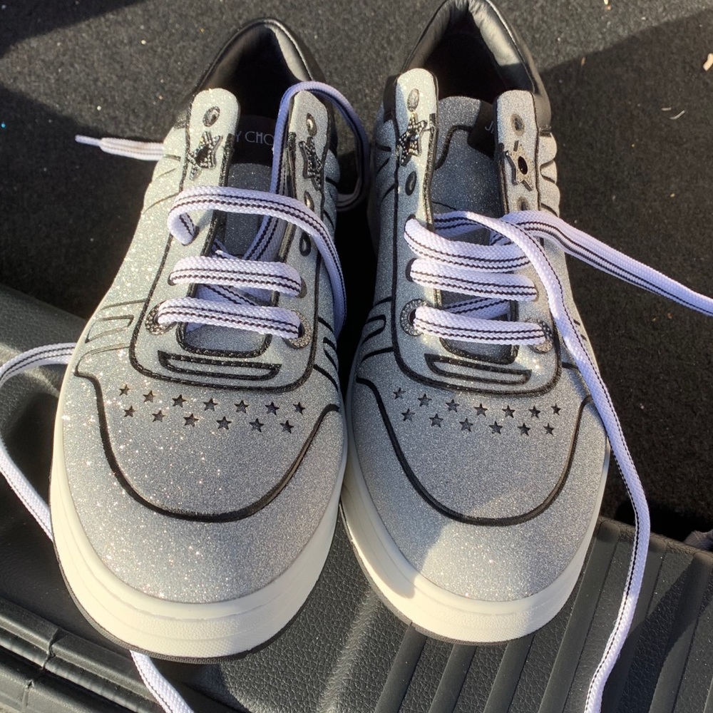Cute Jimmy Choo silver sparkly sneakers